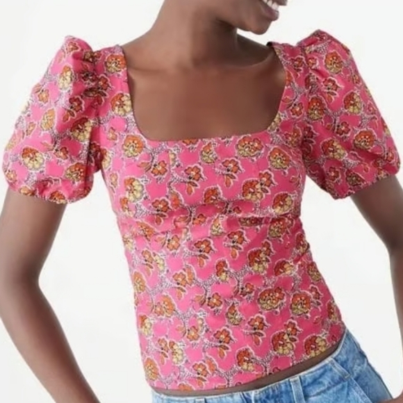 J. Crew Factory Tops - J. Crew Puff Sleeves Squareneck Top Ratti Pink Bloom Print Blouse Size 4